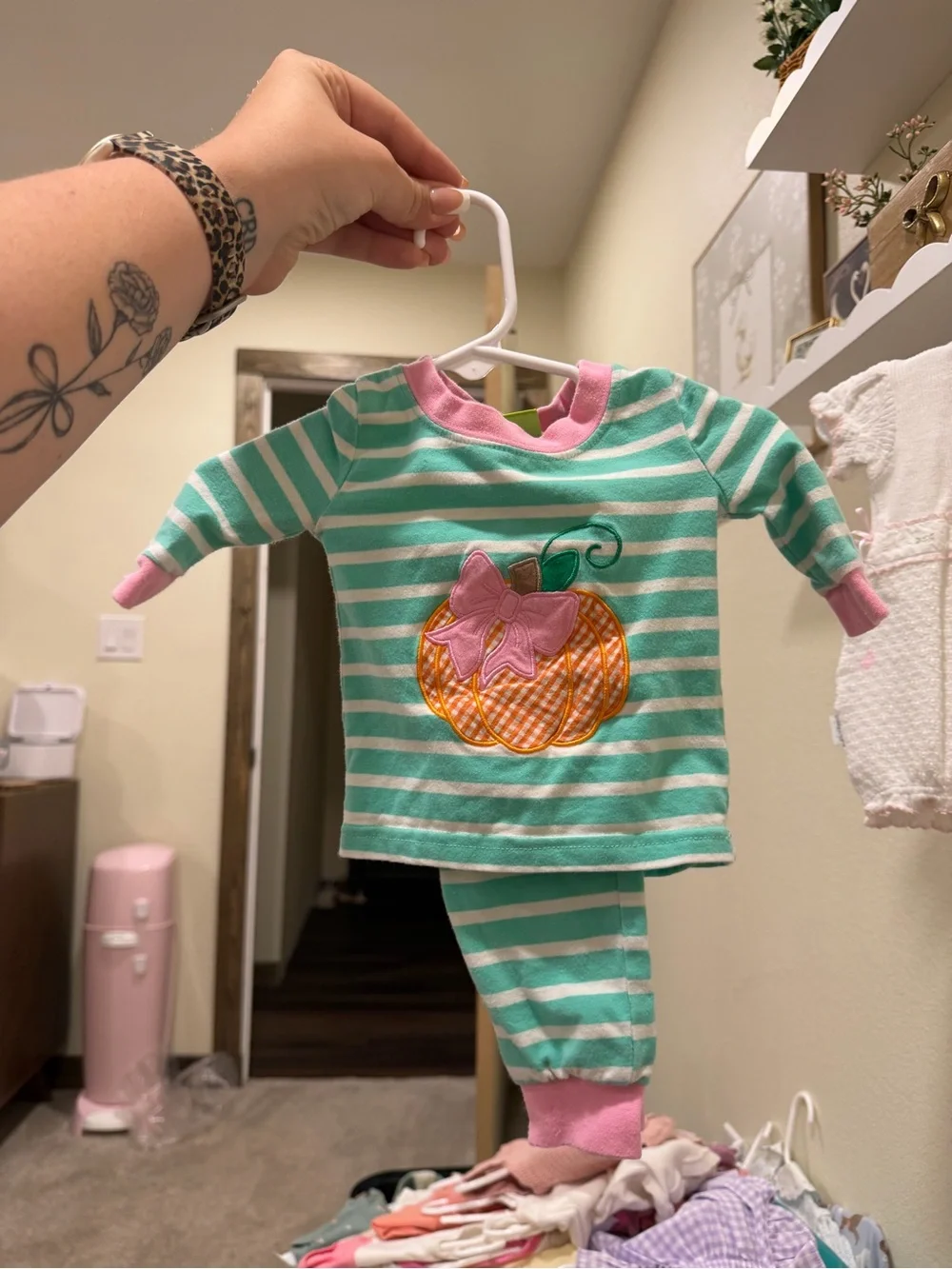 Girls Green & Pink Striped Pumpkin Applique Pajama Set